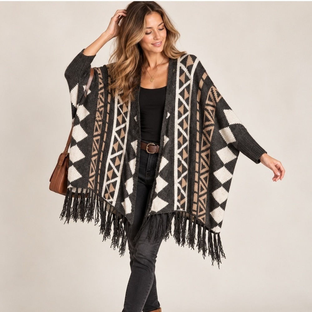 Charlotte Russe Womens Tribal Geometric Fringe Open Front Poncho Cardigan S/M